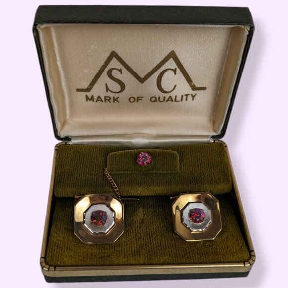 Vintage Red Glass Cufflink & Tie Pin Set - Picture 1 of 8